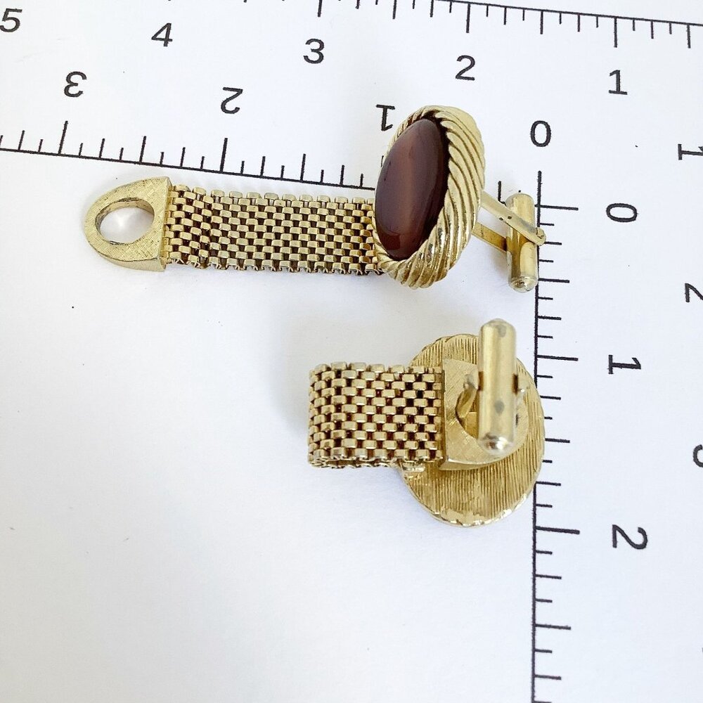 Mid-Century Plastic Cufflinks Brown Gold Tone Mesh Men Accessories Gift For Man - Picture 3 of 3
